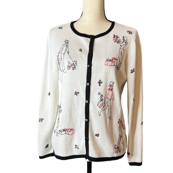 Ambra Holiday Sweater with Embroidered Women in Black and Red Size Large Petite - Picture 1 of 7